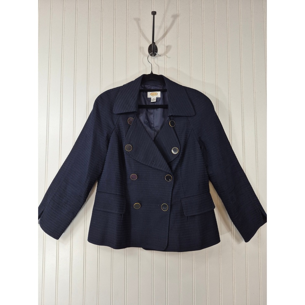 Vintage Talbots Petites Navy Cotton Waffle Weave Double Breasted Blazer 12P